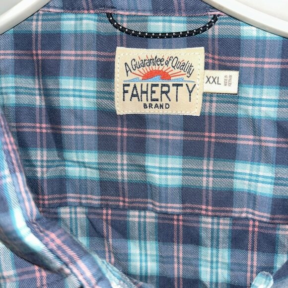 Faherty Brand light cotton turquoise blue pink plaid button down shirt XXL - Picture 2 of 3